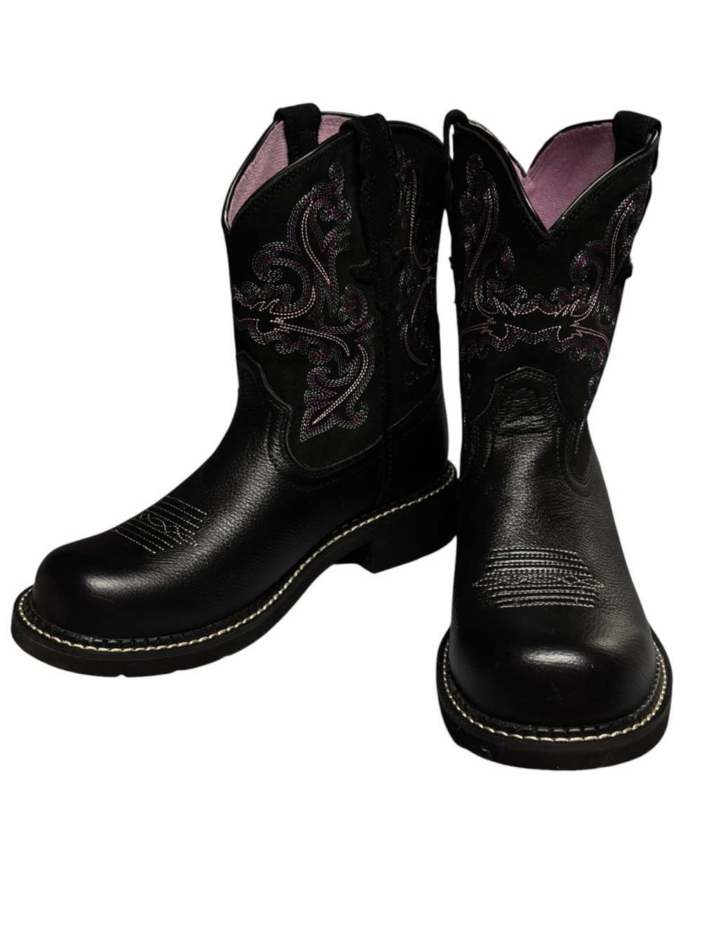 Ariat | Fatbaby Black Leather Purple Green Embroidered Cowboy Boots - Like New! - Picture 4 of 9